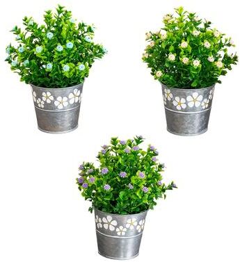 Nearly Natural 8-in Flowering Plant in Decorative Daisy Tin Planter - Set of 3