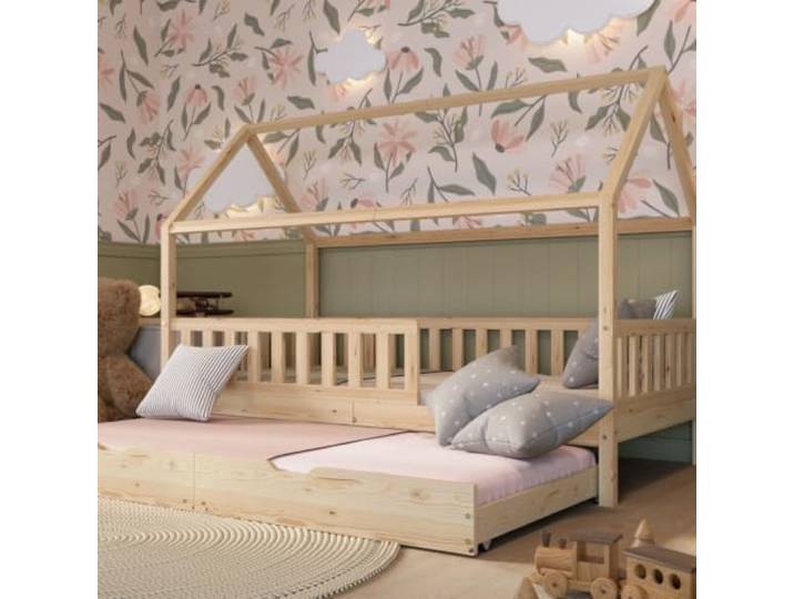 Crazy Pine Montessori Hausbett mit Ausziehbett Crazy Blanco 90x200 cm Natur Ausziehbares Gästebett auf Rollen – schafft im Handumdrehen einen zweiten Schlafplatz.