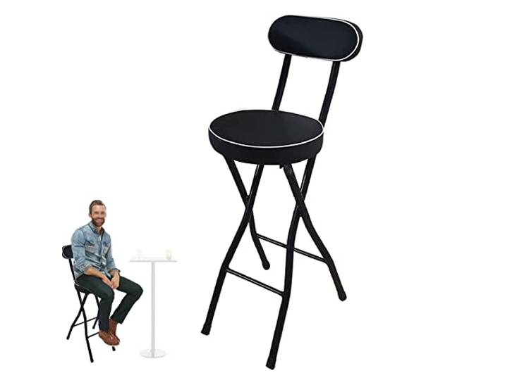 Barhocker Klappbar, Barstuhl mit Rückenlehne und Fußstütze, Küchenstühle Rund, PU Gepolstert Bistrohocker Aus Metall, Tresenhocker für Speisesaal, Theke, Café, Bar (Color : Black, Size : 65cm/26inch