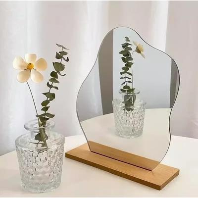 Fusion Finds Minimalist Irregular Vanity Mirror With Wooden Base Acrylic Makeup Mirror For Bedroom & Vanity Desk Minimalist Irregular Vanity Mirror With Wooden Base Acrylic Makeup Mirror For Bedroom & Vanity Desk