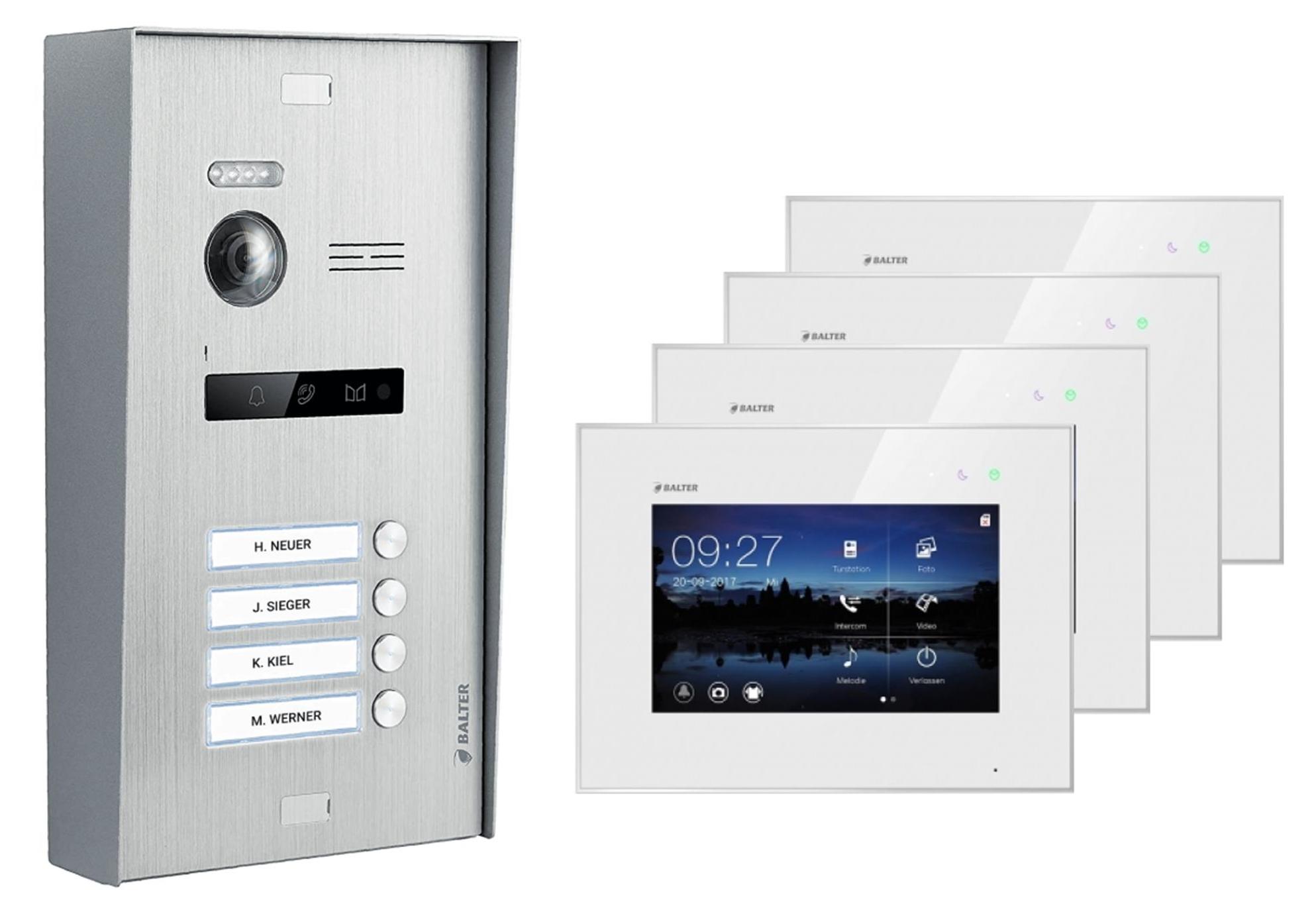 Aufputz Videosprechanlage BALTER EVO 2-Draht BUS für 4-Familienhaus mit 4x7" Monitoren Weiß Silber