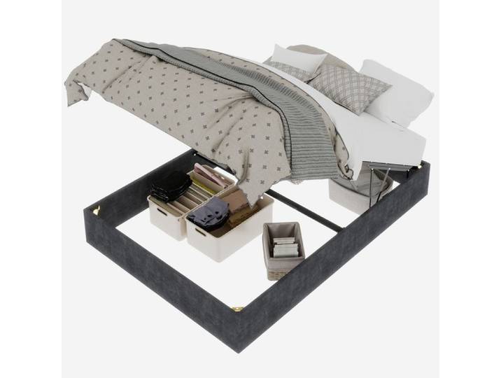 Lit coffre adulte 160x200 cm structure stable montage rapide tissu gris et métal pour chambre