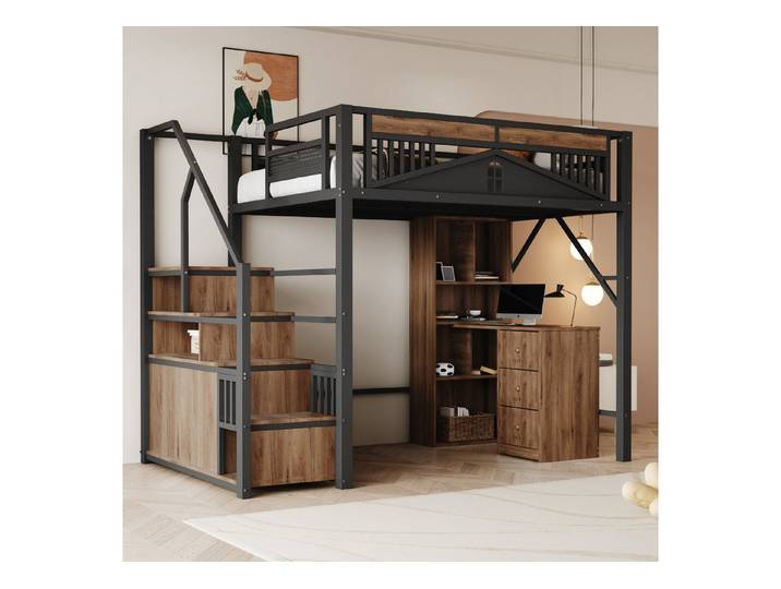 Merax Hochbett (Jugendbett Einzelbett Stockbett, 1-St) Metallbett Kinderbett 140x200cm mit Stauraumtreppe Schutzzaun Fenster