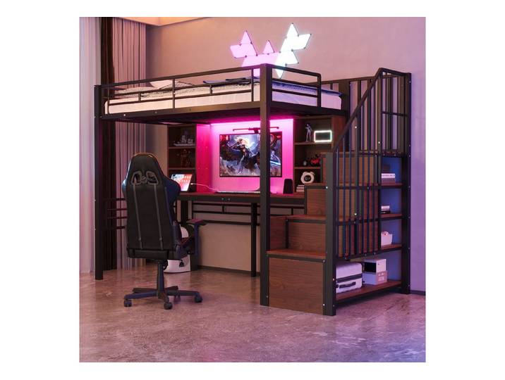 Flieks Hochbett Kinderbett Metall 90×200cm mit Schreibtisch Aufladen & LED Stautreppe