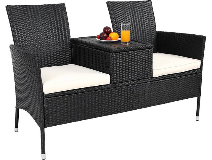 CASARIA® Banc de jardin en polyrotin noir max. 320kg avec coussins table espace de rangement Banc extérieur 2 places