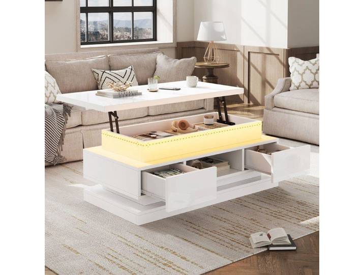 Table basse relevable 100x50x40cm 2 tiroirs table d'appoint laquée brillante LED table console table basse table de salon blanc