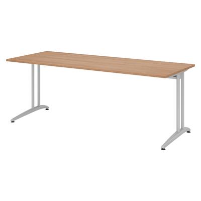 bümö Schreibtisch groß, B-Serie 200x80 cm, Tischplatte aus Holz in Nussbaum, Gestell aus Metall in Silber - PC Tisch, großer Computertisch für's