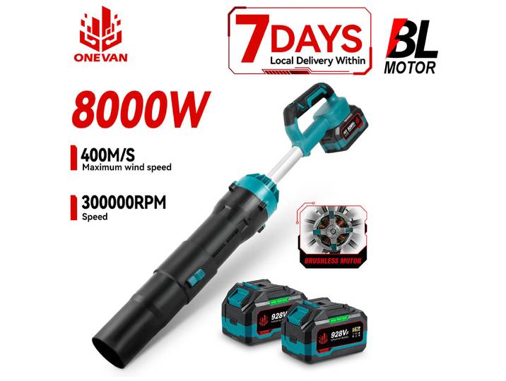 Souffleur électrique sans fil haute puissance ONEVAN 8000W, 400m/s, pour le nettoyage des feuilles et la dépoussiérage, compatible avec les batteries Makita.