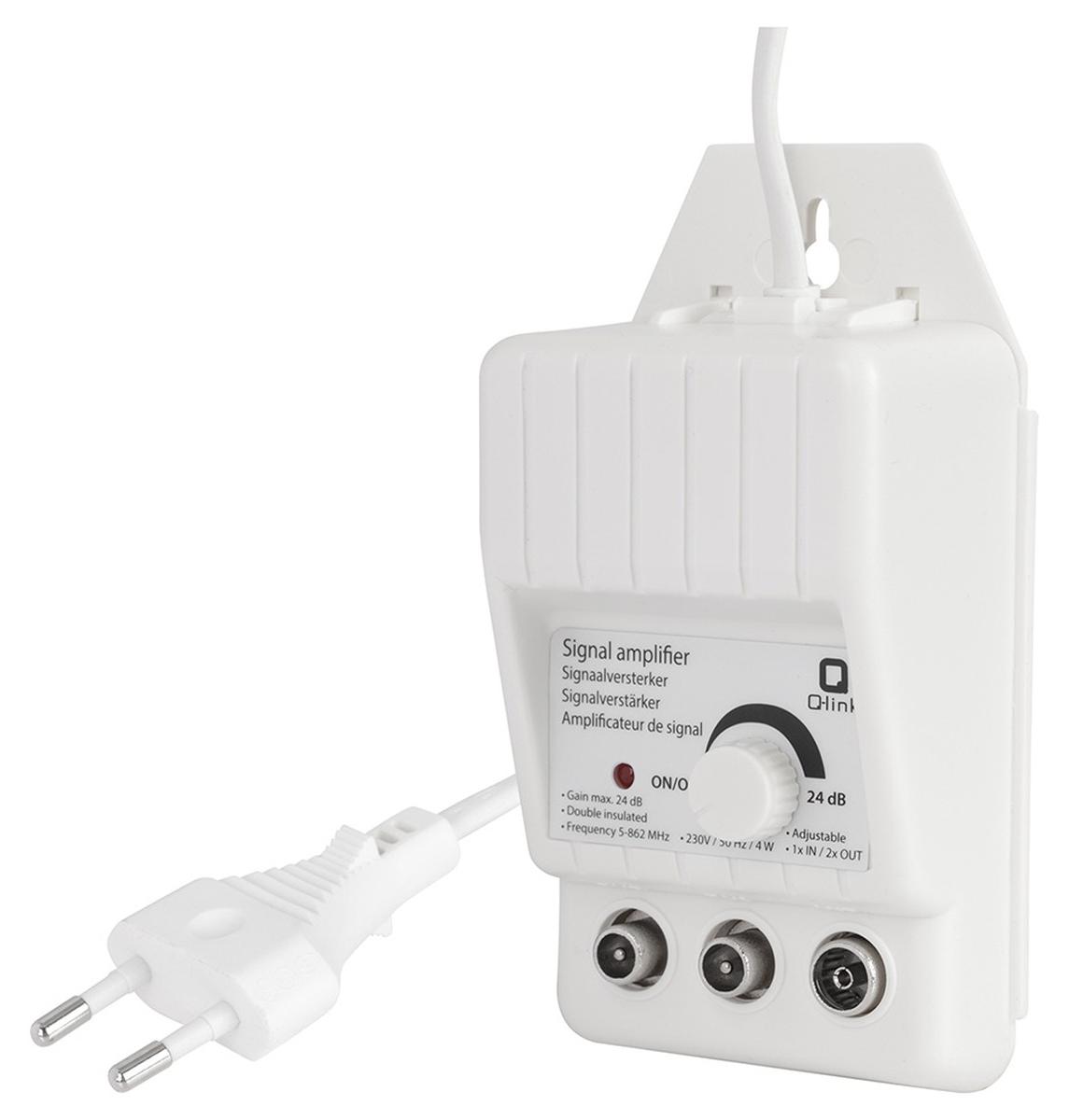 Q-Link Signalverstärker - Koaxial-Signalverstärker mit 2 regelbaren Ausgängen - Verstärkt das eingehende Signal - Für Radio und analoges Fernsehen - Aufbaumodell - Farbe Weiß