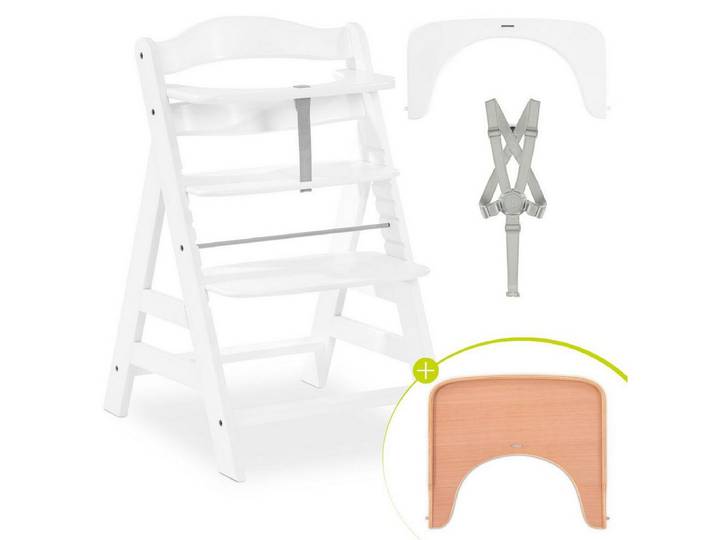 Hauck Hochstuhl Alpha Plus White, Holz Baby Kinderhochstuhl verstellbar mit Essbrett Wooden Tray & Gurt