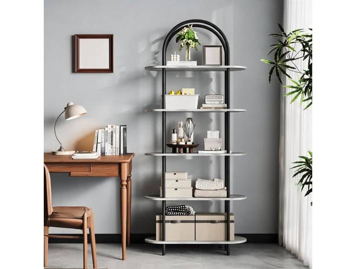JoyGarden Bibliothèque arquée 5 niveaux design moderne étagère en bois et métal 180 cm avec rangement vertical pour salon bureau