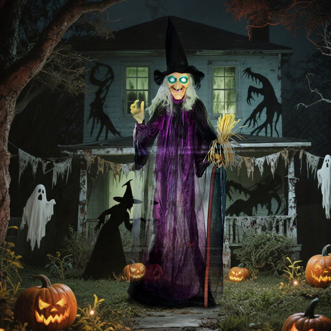 ClassicLiving Outsunny Voice Activated Halloween Animatronics Standing Witch, Purple Purple, White 183cm H X 90cm W X 18cm D