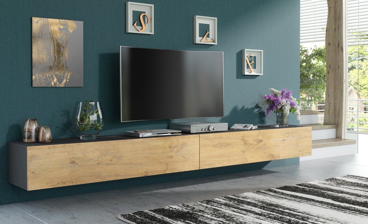 Pro-meubels Tunis Zwevend Tv-meubel - Antraciet-Eiken - Breedte: 300 cm