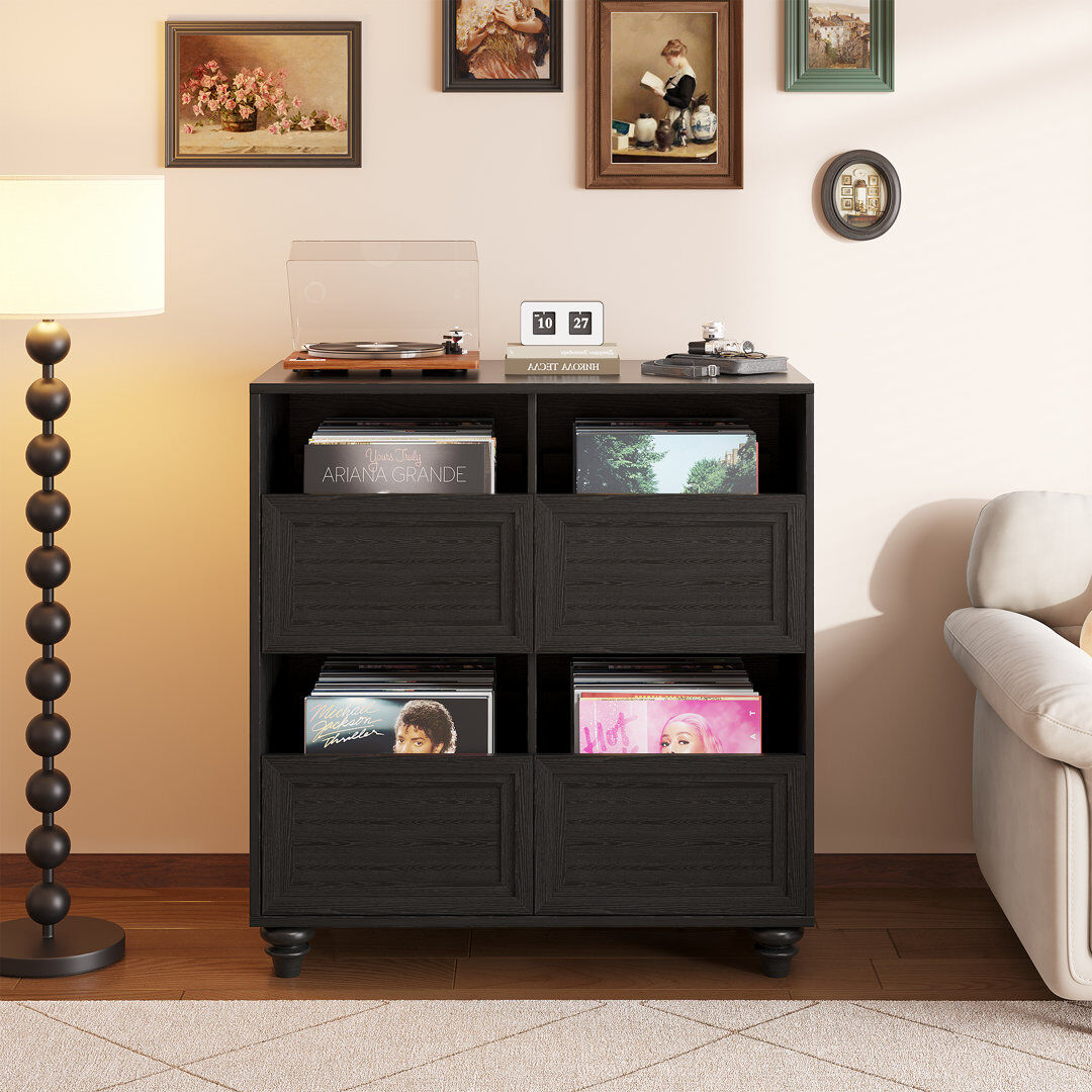 George Oliver Freestanding Vinyl LP Record Storage Cabinet, 4 Pull-out Drawers for Albums Black 85cm H X 80cm W X 40cm D