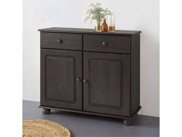 Sideboard GOODPRODUCT Mette Kommode mit 2 Türen & 1 Schubladen, die optisch geteilt ist , braun (dunkelbraun), B:80cm H:77cm T:34cm, Massivholz, Sideboards, Sideboard, Kommode mit gefrästen, kugelförmigen Füssen, 2 Türen und 1 Schublade