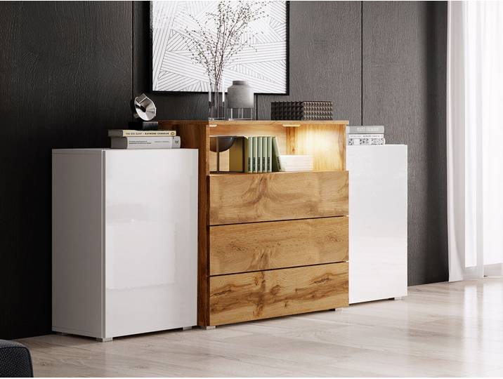 MIRJAN24 Kommode Urban III, Stilvoll Highboard, Modern Wohnzimmer (Weiß + Wotan / Weiß Hochglanz + Wotan, ohne Beleuchtung)