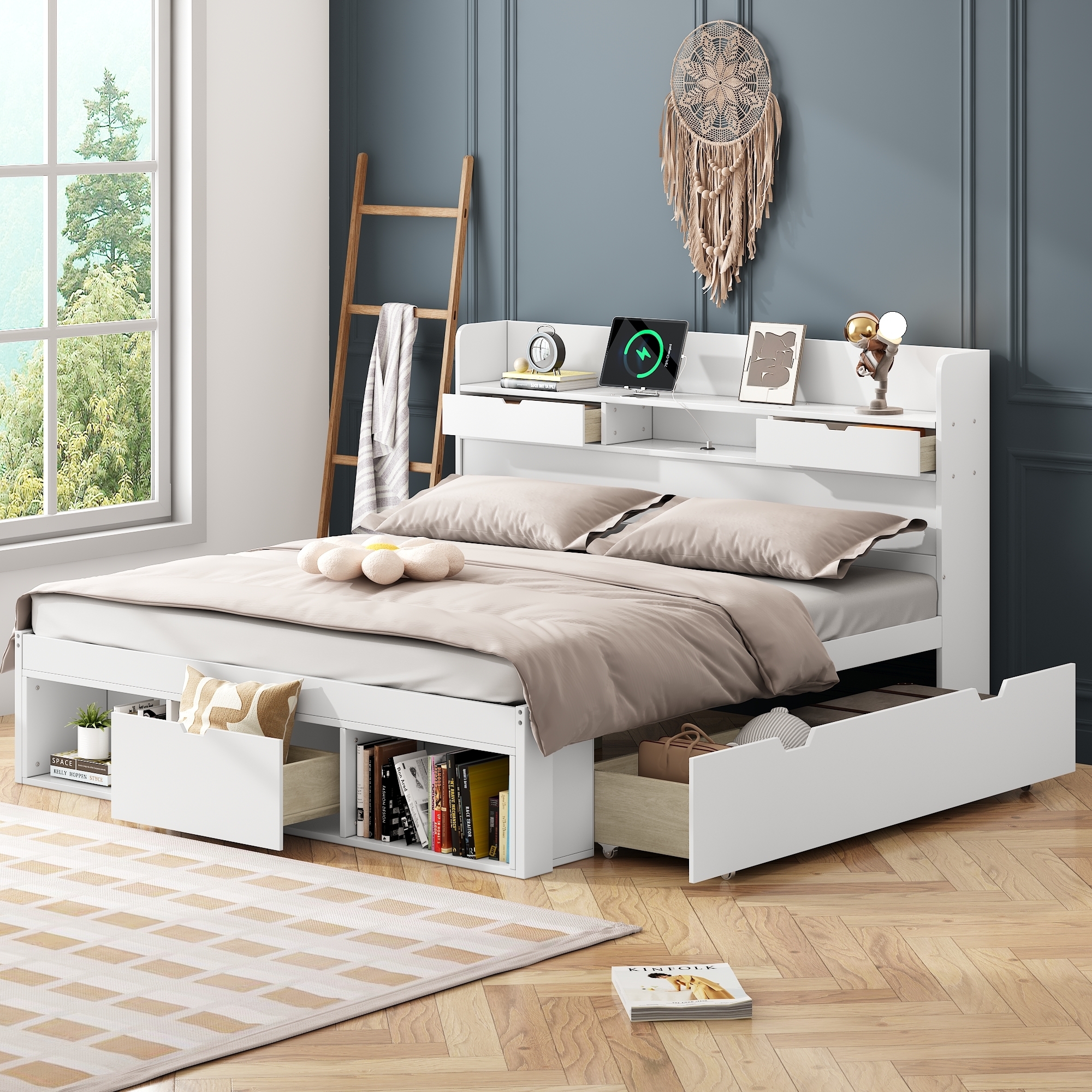 Abrihome Kinderbett 160x200cm Doppelbett mit USB-port, Schubladen und Stauschrank, Jugendbett Massivholz, Weiß
