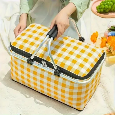 Folding Picnic Basket Outdoor Camping, Handheld Insulation Bag Aluminum Foil For Barbecue Travel green