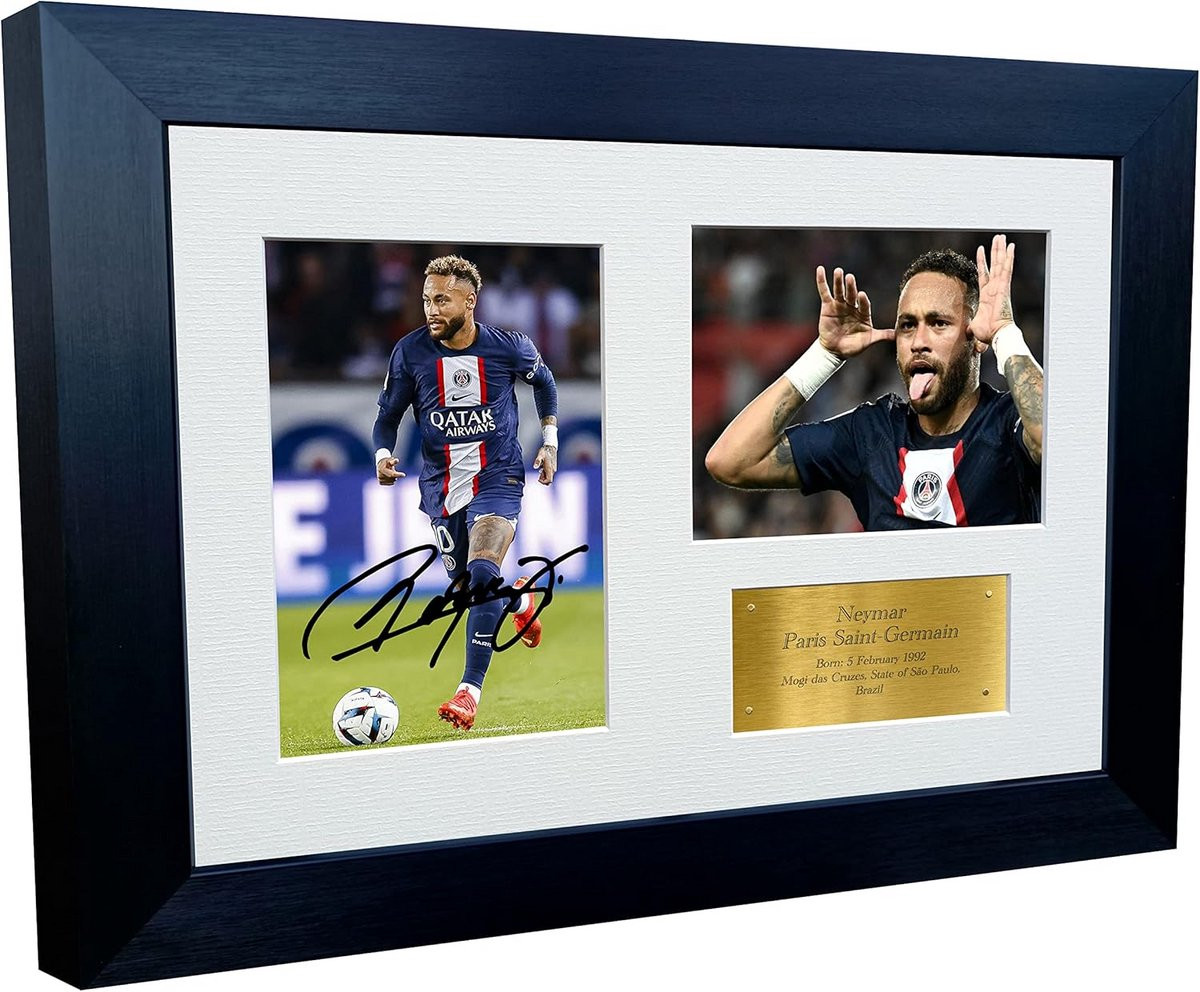 Ingelijste foto Neymar PSG 2022/2023 drievoudig ondertekend A4 30 x 20 cm