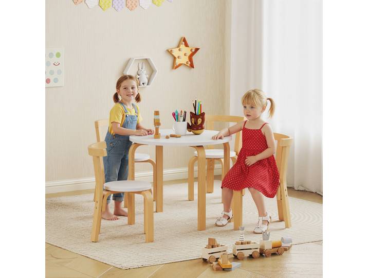 AIYAPLAY Set Table et Chaises Enfants 5 Pièces Bois Blanc