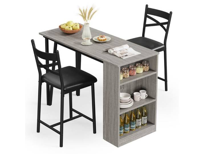 Garvee Ensemble table de bar extensible (3 p.) : table 2 chaises conf. étagères gain de place. pour 2-4 personnes - Gris.