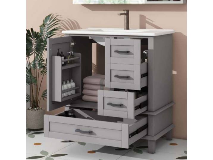 Meuble Salle de Bain 76cm Gris avec Vasque Céramique Meuble Lavabo sur Pied MDF 3 Portes 1 Tiroir Norevia