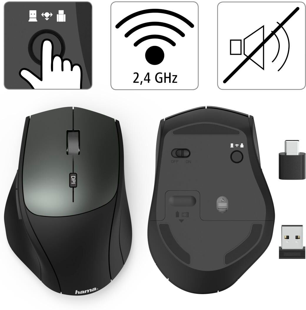 Hama Maus "Optische 6-Tasten-Funkmaus "MW-600", Dual-Modus Mit USB-C/USB-A", schwarz, B:7cm H:4,2cm T:10,3cm, Computer-Mäuse, Maus