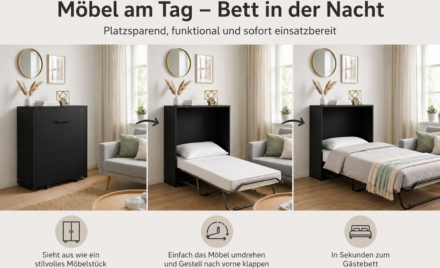 Schrankbett HOME AFFAIRE "Sognum als Gästebett nutzbar, Wandklappbett in Kommodenoptik", schwarz, H:102cm, Schrankbetten, Schrankbett, inkl. Matratze, platzsparendes Klappbett, optimal für kleine Räume schwarz Ohne Beleuchtung Lattenrost, B/L: 77cm x 185c