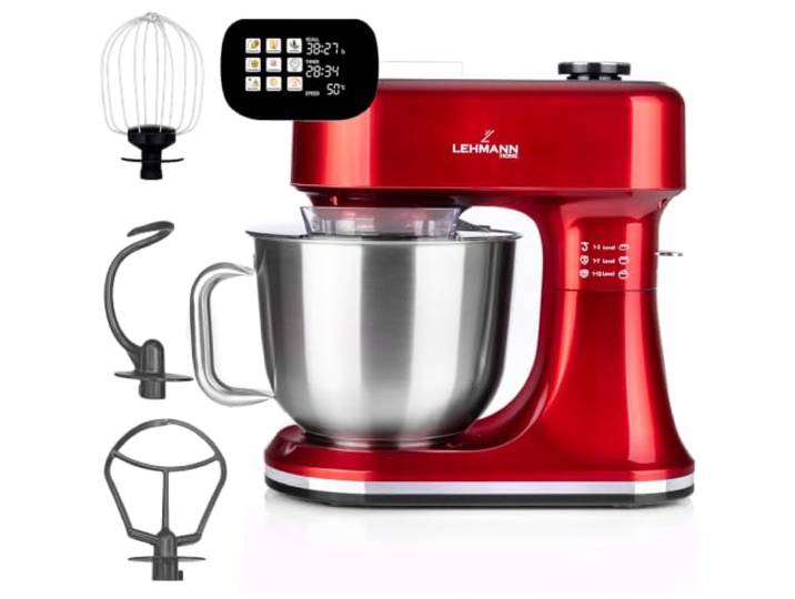 LEHMANN Robot Pâtissier Multifonction avec Écran\, Bol 5L avec Fonction Fermentation et Chauffage\, 12 Vitesses\, Balance Intégrée\, Minuterie\, 3 Mélangeurs - Fouet\, Batteur\, Crochet