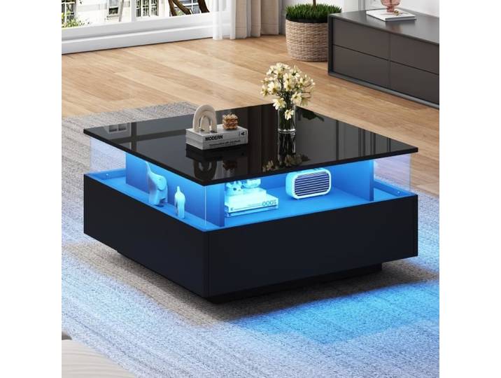 Table basse - LEYTN - 70x70x41cm - Bois avec 2 tiroirs - Lumières LED - Zone transparente