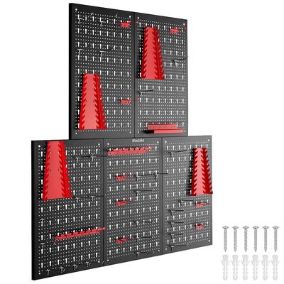 TecTake GmbH tectake 5 Platten Werkzeuglochwand JONAH, Metall, 200x60 cm, 43-teiliges Haken und Halterungsset, erweitert, schwarz/rot
