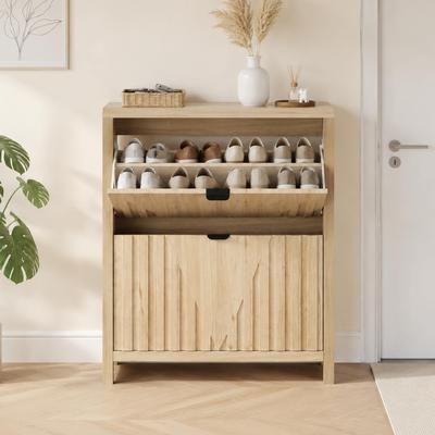 31.5-Inch Oak-Colored Shoe Cabinet, Entryway Shoe Cabinet With Vertical Carved Panels