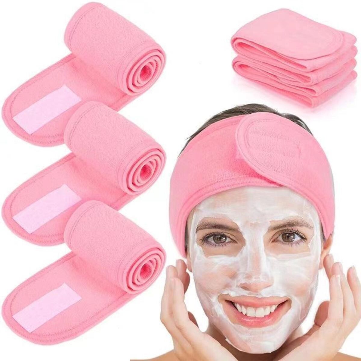 INF (3er-Set) Elastische Baumwoll-Stirnbänder mit Klettverschluss für Make-up, Sport und Yoga — Dickes beidseitig weiches Rosa