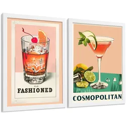 POSTER 2er Set Cocktail-Wandbilder Old Fashioned und Cosmopolitan Vintage Küche Bar Wanddeko Weißer Rahmen A3