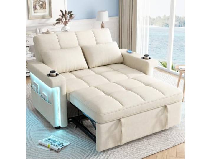 Merax Schlafsofa 2-Sitzer mit Schlaffunktion, Chenille,Beige Verstellbare Rückenlehne, Getränkehalter, Seitentaschen und 2 Kissen