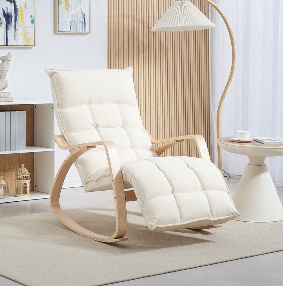 MODENUIT Fauteuil Schommelstoel met Verstelbare Voetensteun - Crèmewit - Scandinavisch Design