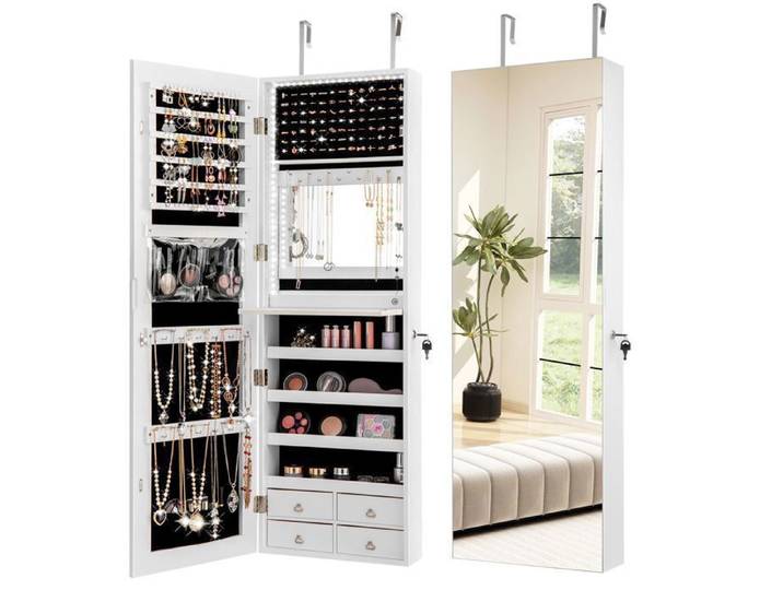 GOPLUS Armoire a Bijoux Murale avec Miroir et Lumière LED Tiroirs Verrouillable Organisateur de Bijoux-120x37x12CM Blanc
