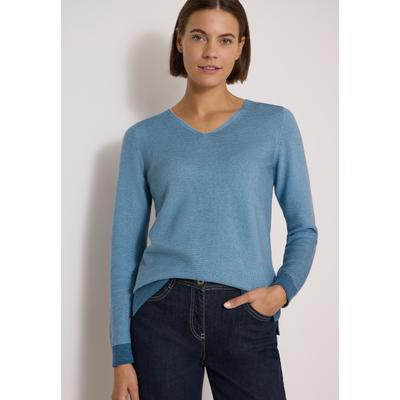 V-Ausschnitt-Pullover CECIL, Damen, Gr. M (40), blau (mountain air blau), Web, 100% Baumwolle, unifarben, comfort fit normal, V-Ausschnitt, Rippbündchen, Pullover, mit V-Ausschnitt