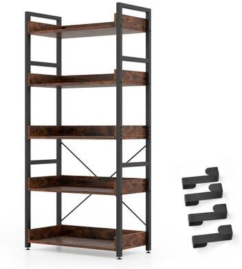 Costway 5-Tier Bookshelf with 4 Hooks Industrial Storage Bookcase-Rustic Brown