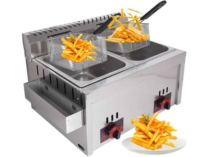 Vielseitige LPG-Fritteuse aus Edelstahl, leistungsstarke Gasfritteuse mit großer Kapazität, für den privaten und gewerblichen Gebrauch, verstellbare Feuerkraft, inklusive Körben und Deckeln, ideal für