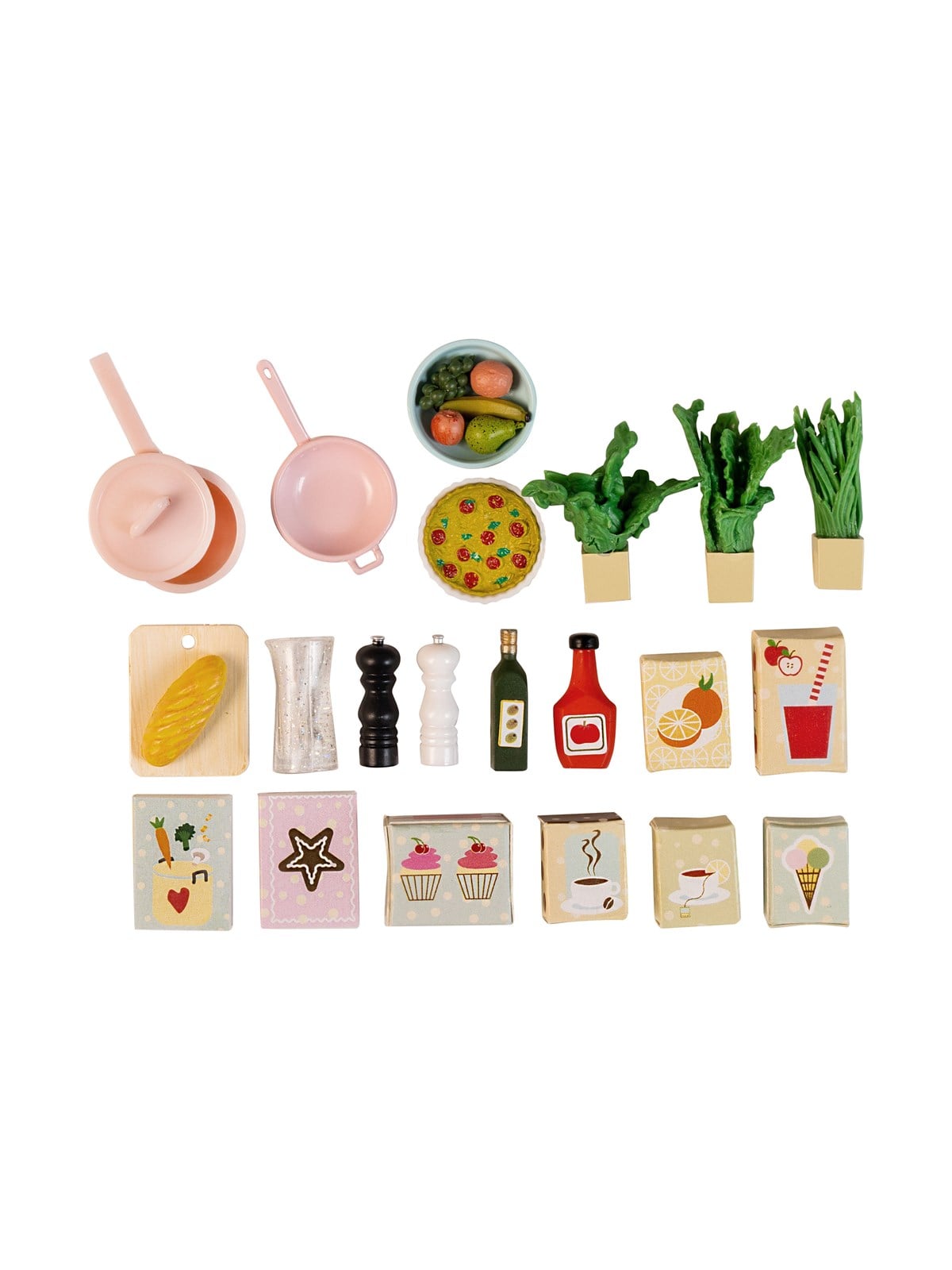 Micki Lundby Abendessenset mit Topf, Schüsseln, Kräutern, Brot, Obst, Essen, Ketchup, Öl, Salz & Pfeffer.
