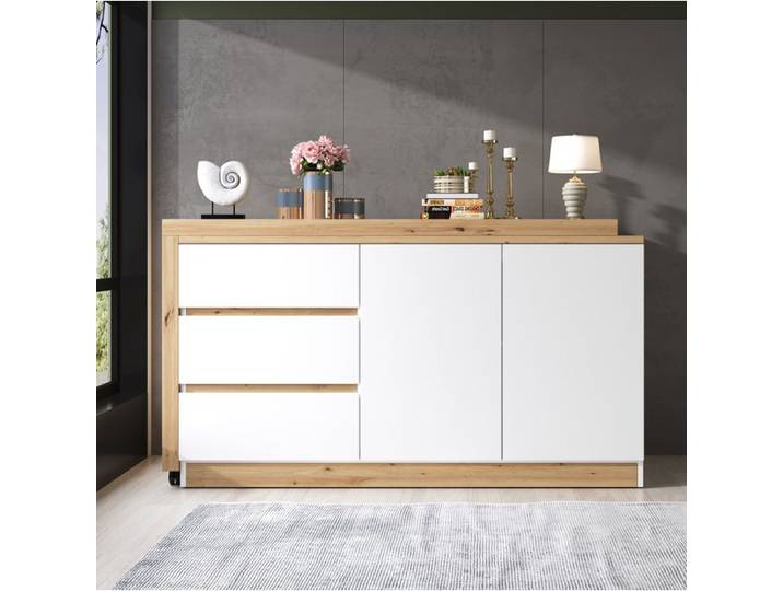 ROVRYN Bureau secrétaire pliant pivotant 120 x 50 x 78 cm 2 portes 3 tiroirs blanc décor chêne
