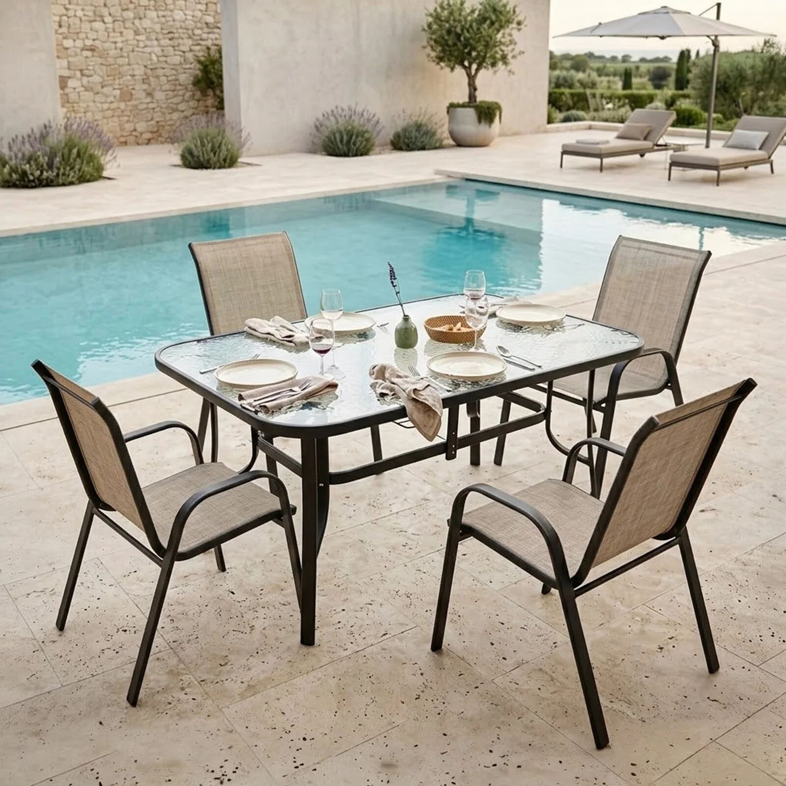 garneroarredamenti Set tavolo da giardino 150x90cm in vetro temperato + 4 sedie nero beige Lumox