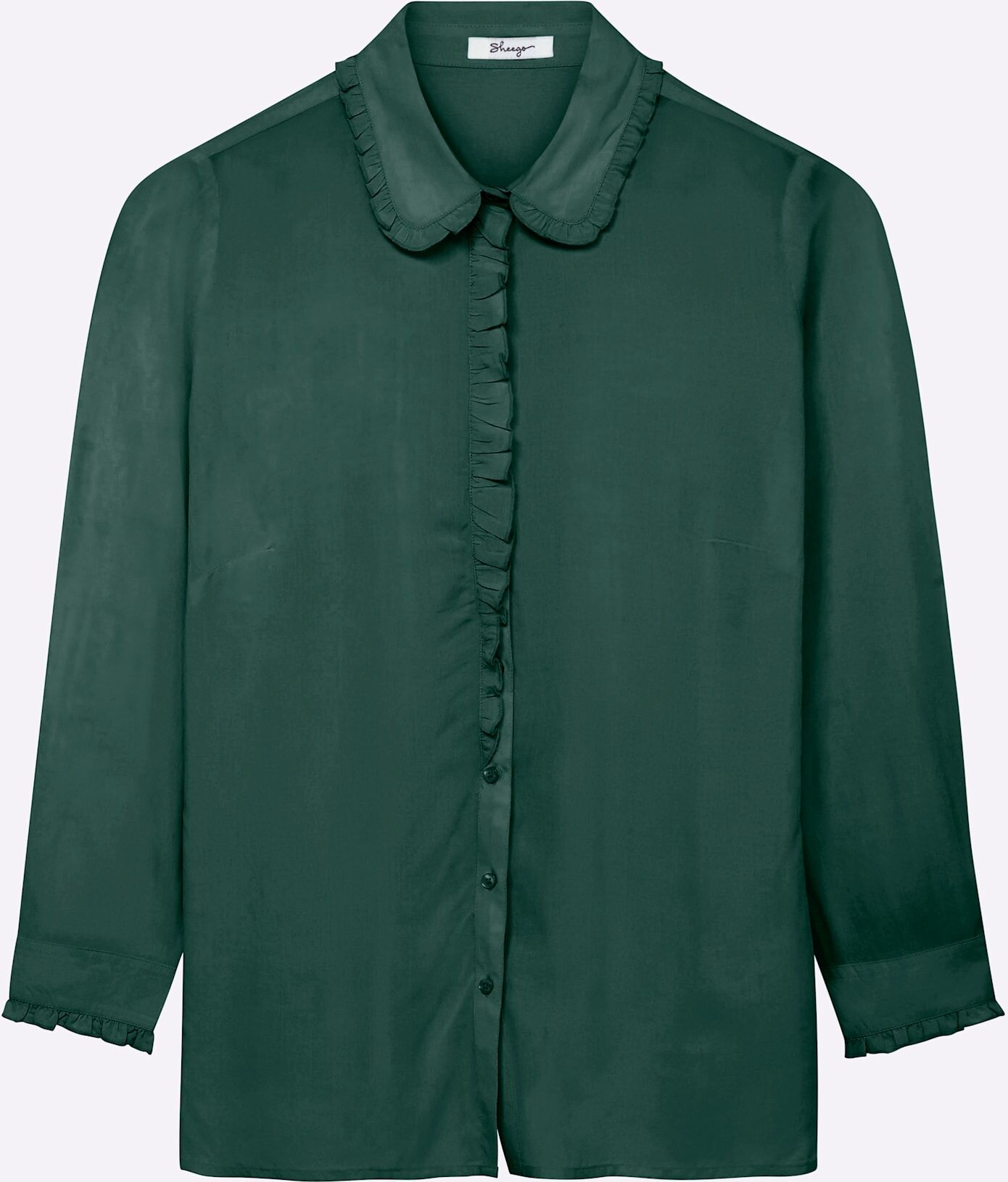 Rüschenbluse SHEEGO, Damen, Gr. 54, grün (moos), 100% Viskose, unifarben, Blusen Rüschenbluse moos 54