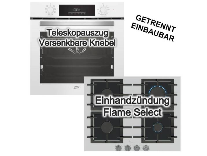 BEKO Backofen-Set Backofen Teleskopauszug SteamShine weiß+Bosch Gaskochfeld FlameSelect, mit 1-fach Teilauszug, Steam Clean
