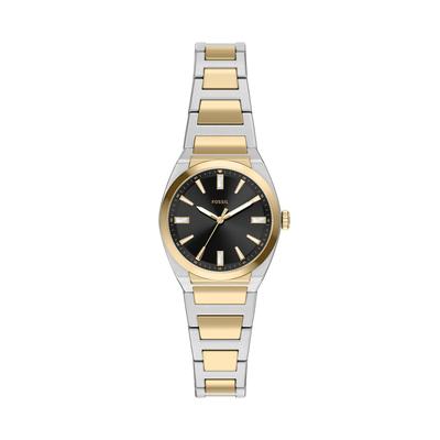 Quarzuhr FOSSIL "Everett", gold (edelstahlfarben, gelbgoldfarben, schwarz), Armbanduhren, Damen, Quarzuhr, Armbanduhr, Edelstahlarmband, analog, Glassteine
