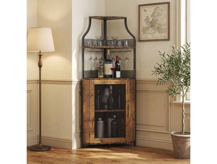 Litake Eckbar-Kommode, Flaschenregal Mit Verstellbaren Regalen, 5-Schichten Landhausweinkommode Mit Verschließbarem Tür Und Verstellbaren Füßen Für Esszimmer, Wohnzimmer, Küche, Rustikaler Braun