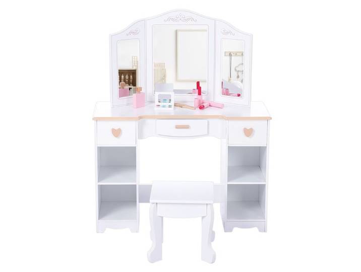 Coiffeuse enfant princesse table maquillage avec miroir tabouret tiroirs étagères jeu imitation chambre fille Blanche