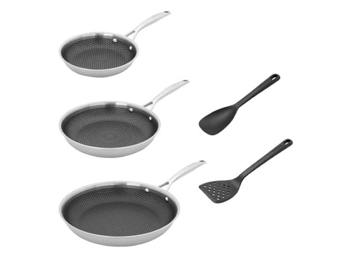 HENCKELS Paradigm 5-teiliges Bratpfannen- und Silikon-Utensilien-Set, antihaftbeschichtet, 3-lagiger Edelstahl