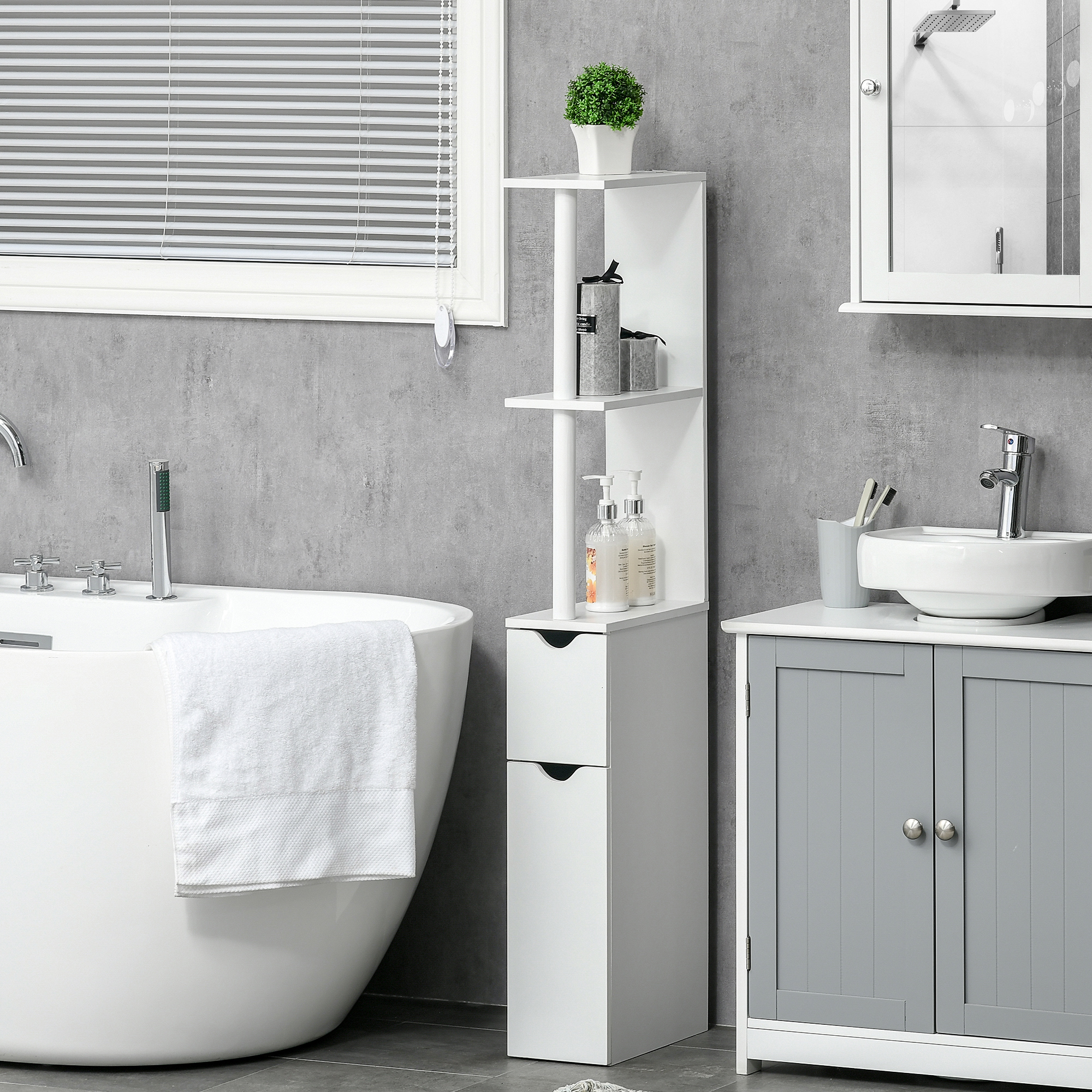 Kleankin Colonna Bagno con 2 Ripiani e 2 Armadietti, Mobile Alto Salvaspazio 15.2x29.8x118cm, Bianco Aosom
